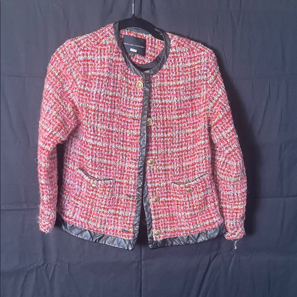 English Factory Pink Tweed Blazer with Black Trim